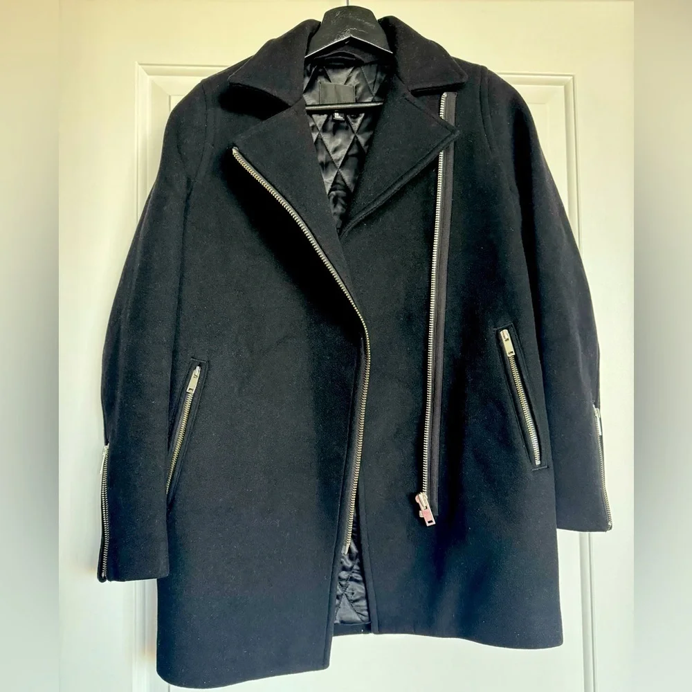 ARITZIA Wilfred Free Fei Wool Black Pea Coat Lined Moto Style Jacket - Picture 4 of 10